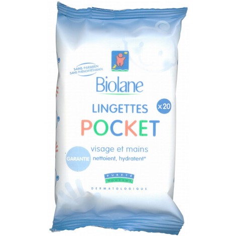 Biolane Lingettes Pocket- Nettoyage et Hydratation Visage et mains (x20)